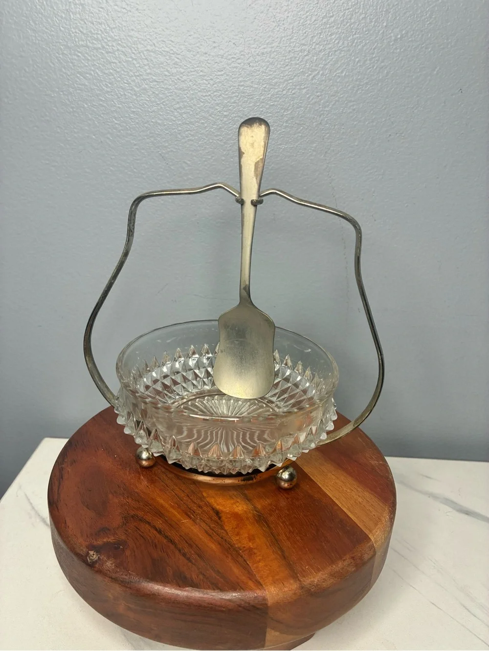 Vintage Pressed Glass Jam Bowl With Silver Plate Holder & Spoon